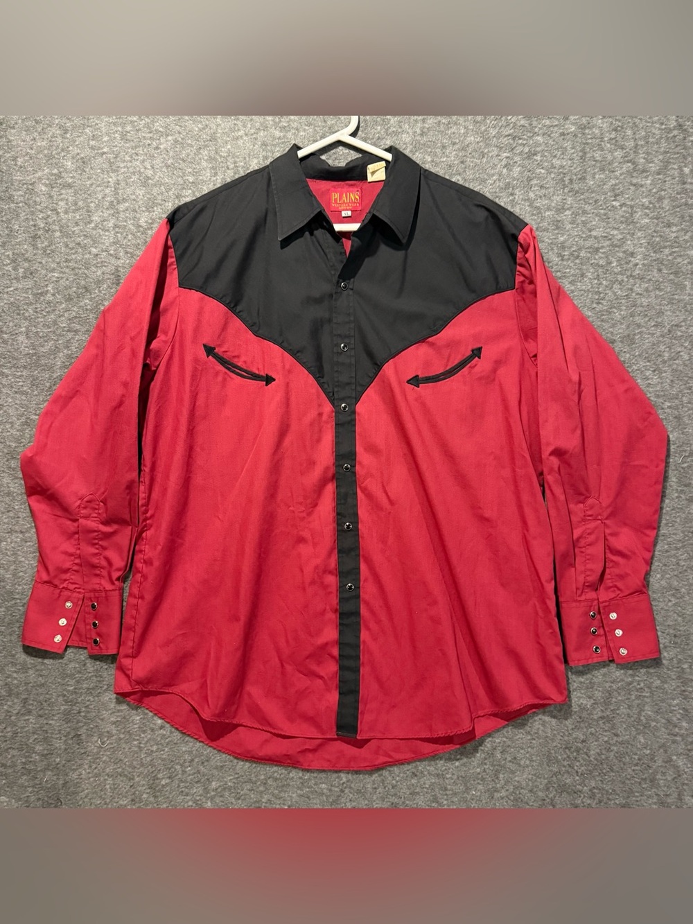 Plains Western Wear Vtg Pearl Snap Shirt Mens XL Red Black Rodeo Ranch Cowboy